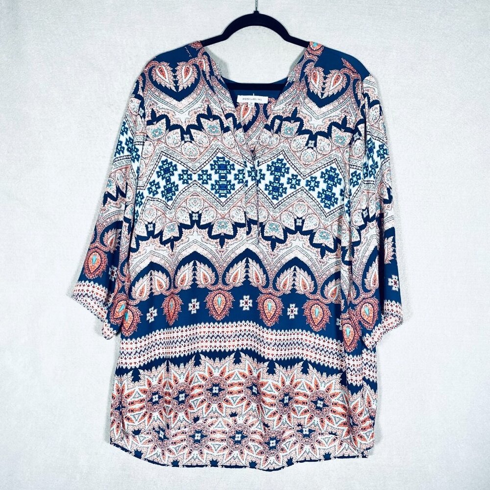 Rose + Olive Top Womens 1X Blue Paisley 3/4 Sleeve Boho Blouse